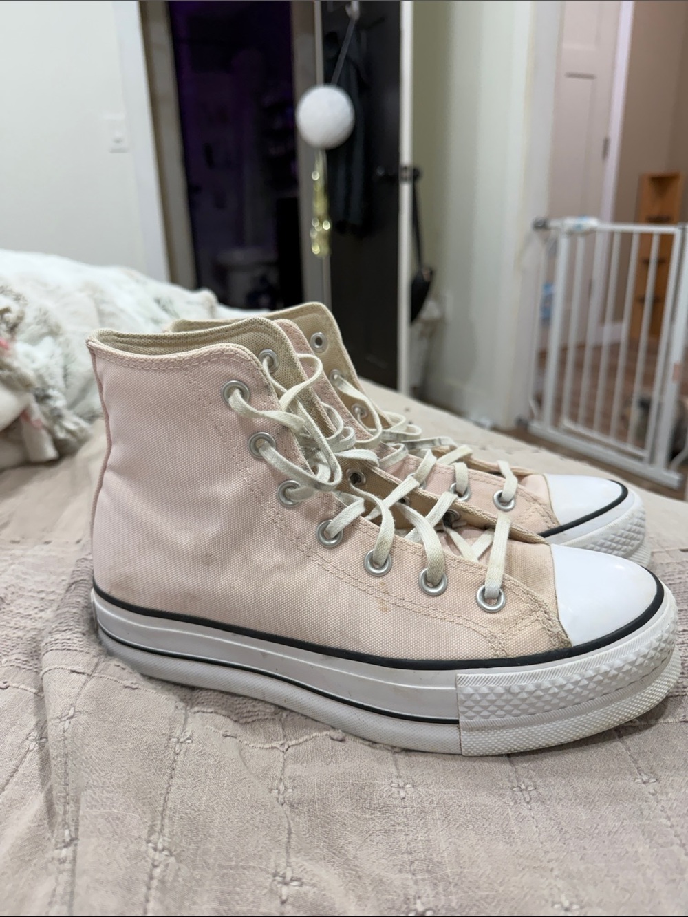 Converse High-Top Canvas Sneakers in Pale Pink and White